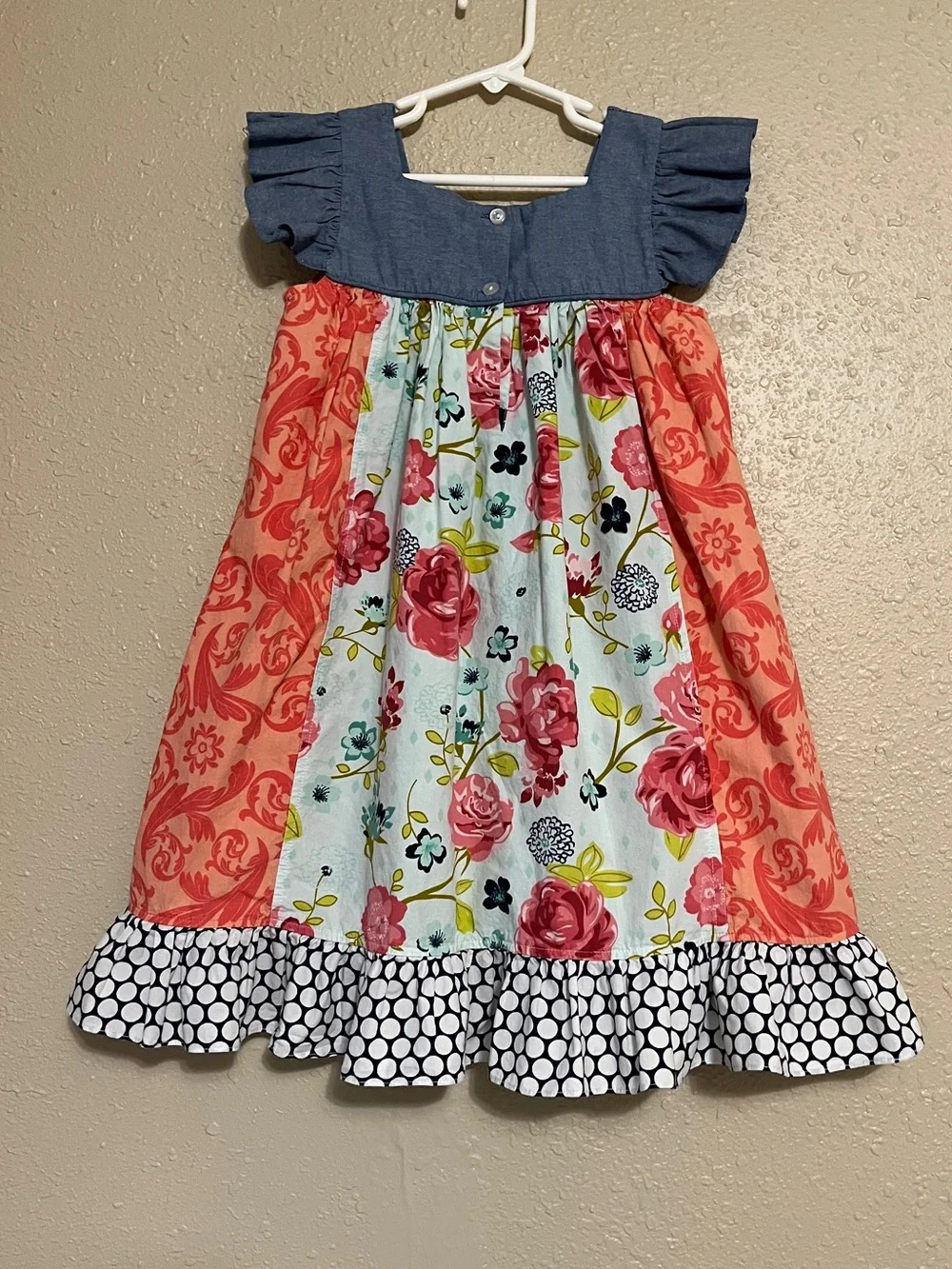 SAGE & LILLY Girls Coral & Navy Floral Patchwork Dress Sz 6